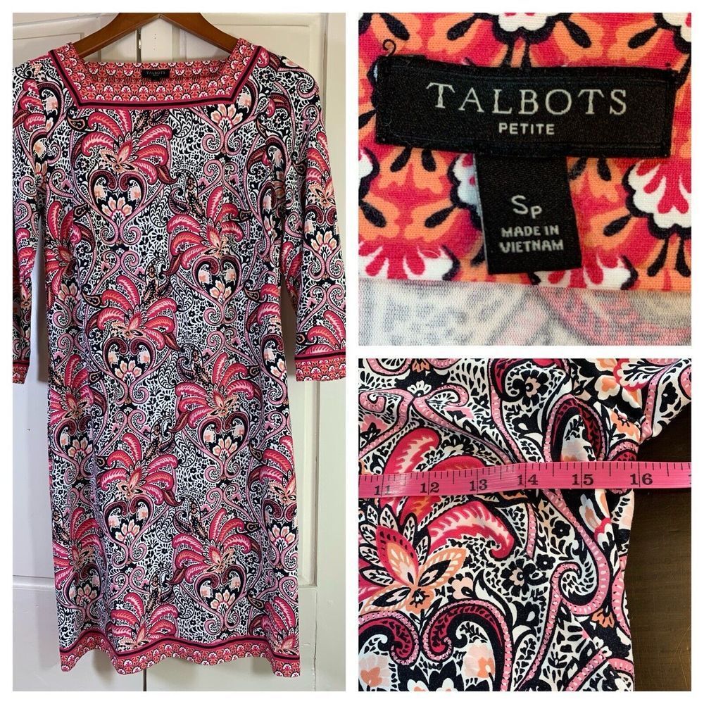 Talbots Dress‎ Women's Petite Small SP Pink Preppy Square Neck Paisley Church